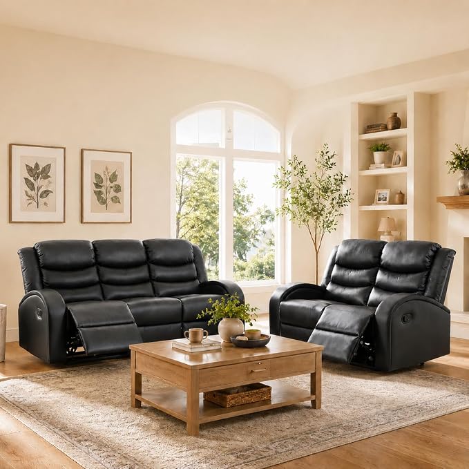 Recliner Sofa Set, 2 Piece Living Room Furniture Set, Leather Recliner Sofa by Unknown