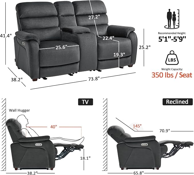 MCombo 73.8'' Wall Hugger Power Loveseat Recliner, Reclining Loveseat - Image 2