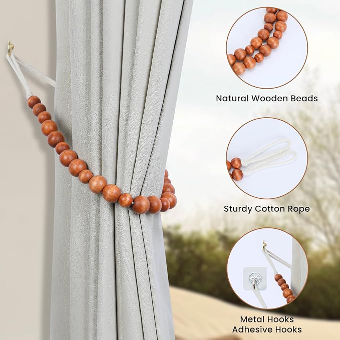 Wood Bead Curtain Tiebacks, KLOGTSIND Set of 6 Curtain Holdbacks - Image 4