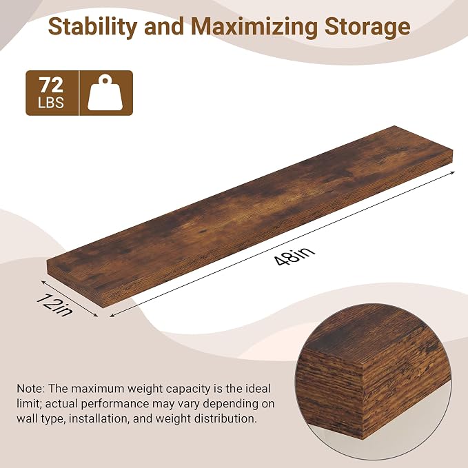 48 Inch Floating Shelves, 12 Inch Deep Floating Shelves - Image 3