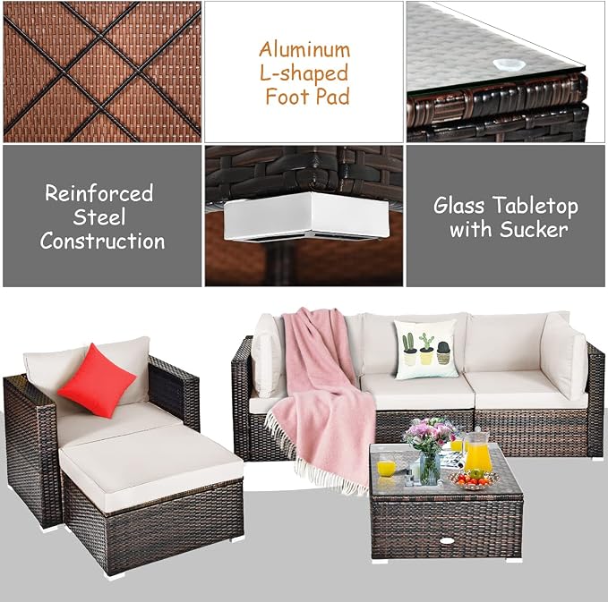 Tangkula 6 Pieces Wicker Patio Furniture Set, PE Rattan Outdoor Sectional - Image 7