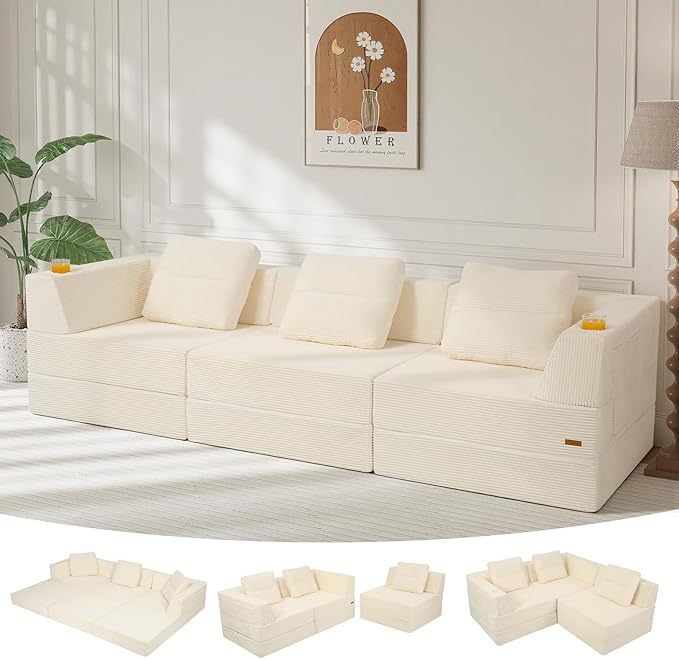 COMAX Futon Sofa Bed 3 Seater, 4 in 1 Folding Boneless Sleeper Corduroy Couch by COMAX
