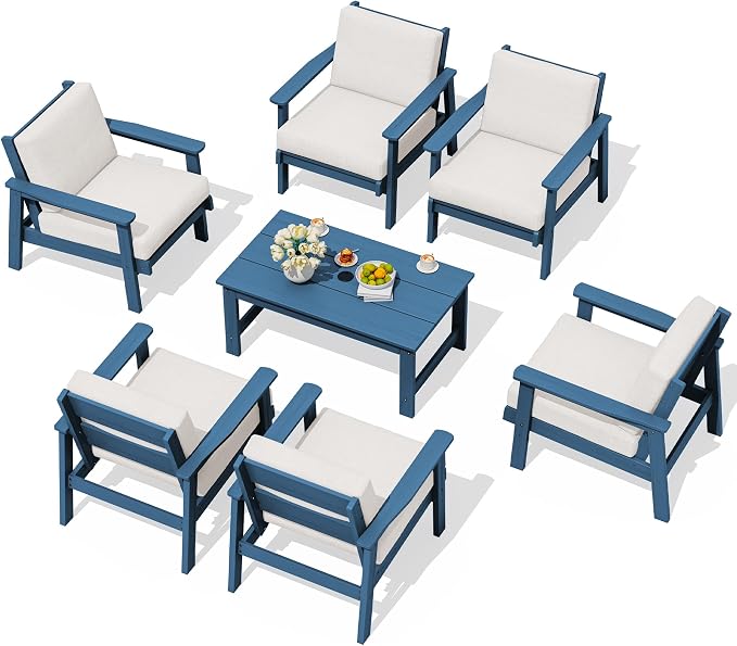 SERWALL HDPE Outdoor Furniture Set, 7 Piece All Weather Wood-Like Outdoor Sofa by SERWALL