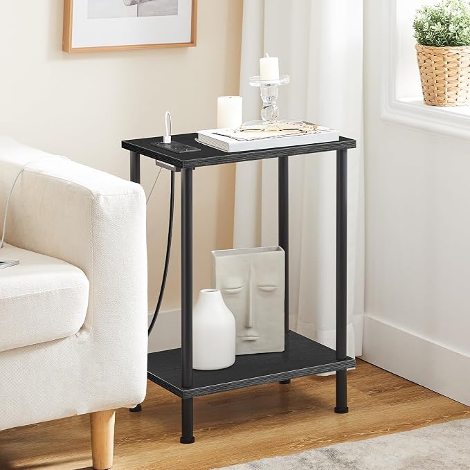 HOOBRO Side Table with Charging Station, Nightstand with 2-Layer Storage Shelves - Image 4