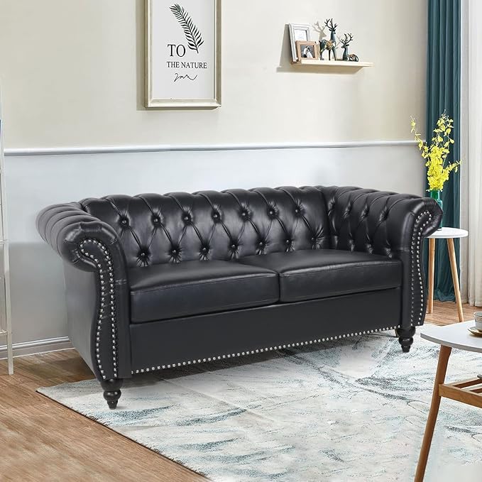 LEVNARY Leather Sofa, Chesterfield Tufted Upholstered 2 Seater Couch, Modern - Image 7