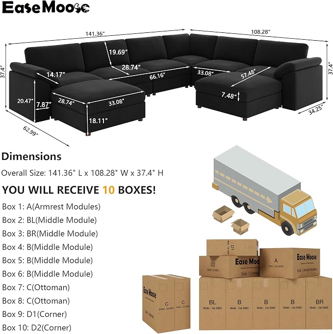 EASE MOOSE Oversized L Shaped Sectional Modular Sofa, Large U Shaped Sectional - Image 2