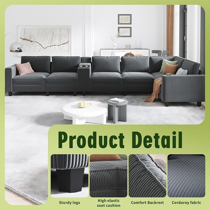KEIKI 133" L-Shaped Oversized Corduroy Modular Sectional Sofa - Image 6
