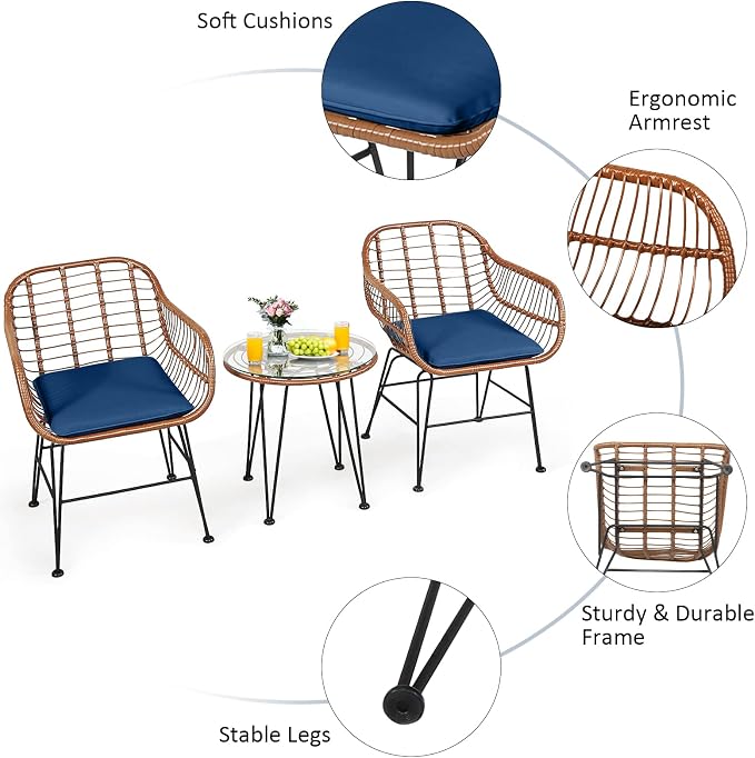 Tangkula 3 Pieces Patio Conversation Bistro Set, Outdoor Wicker Furniture - Image 7