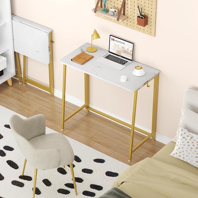 WOHOMO White Faux Marble Folding Desk, 31.5" Small Desk - Image 2