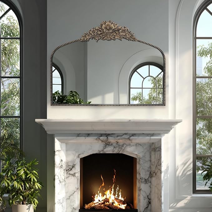 Arch Antique Black Mirror, 40x30inch Baroque Style Vintage Mirror, Metal Frame - Image 6