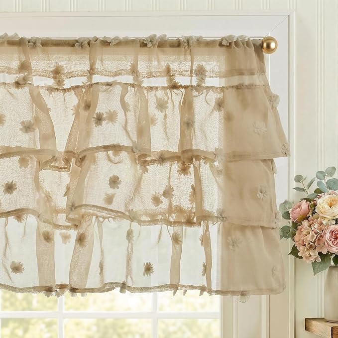 jinchan Ruffled Kitchen Valance Pom-Pom Voile Valance Curtains Sheer Shabby by JINCHAN
