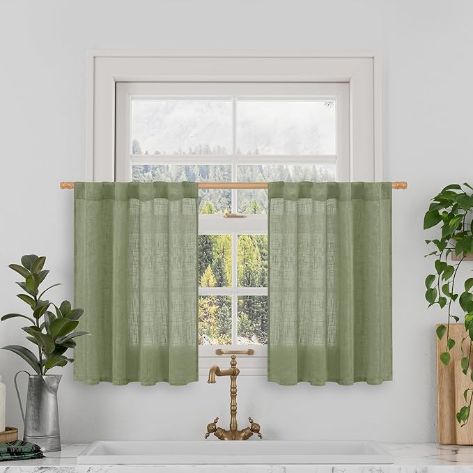 LAMIT Short Window Linen Curtains 36 Inch Length 2 Panels, Sage Green Light by LAMIT