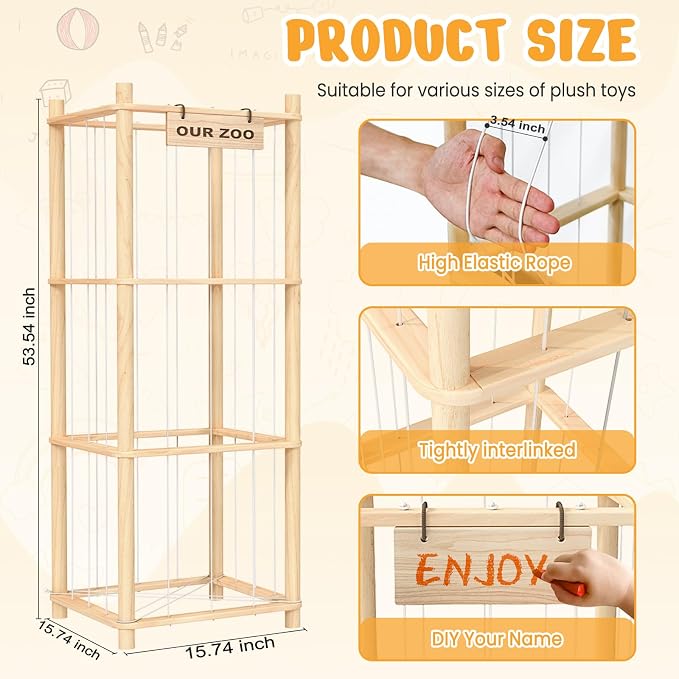 Woodure Stuffed Animal Storage & Organizer, Wooden Cute Zoo Toy Holder - Image 4