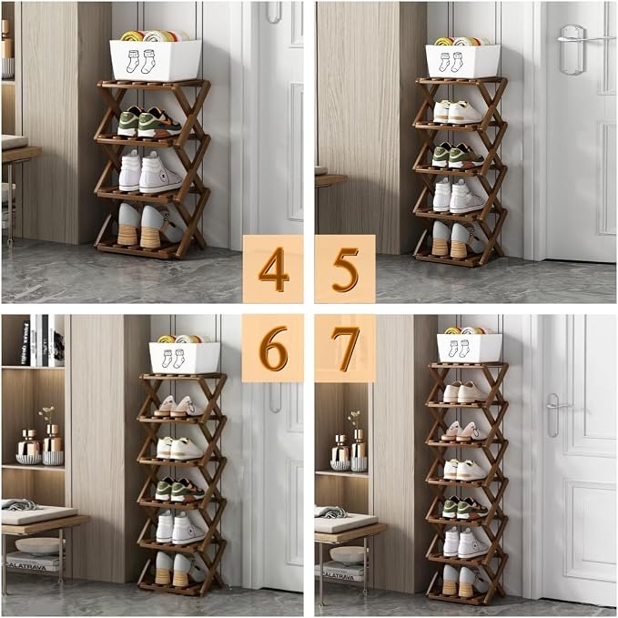 Foldable Shoe Rack, Bamboo Vertical Shoe Organizer Tall - Image 6
