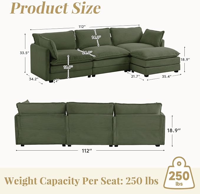112'' Sectional Modular Cloud Couch, Oversized L Shaped 3 Seat Sofa - Image 2