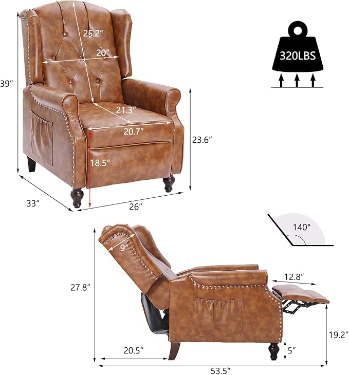 Wingback Recliner Chair with Massage and Heat Tufted PU Leather Push Back - Image 2