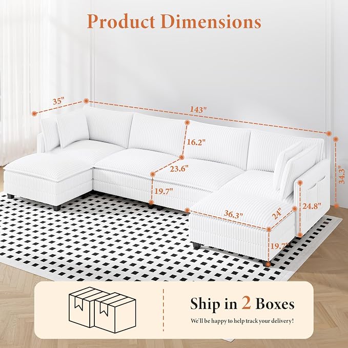Vesgantti 143" U Shaped Sectional Modular Couch, Comfy Corduroy Upholstered - Image 2