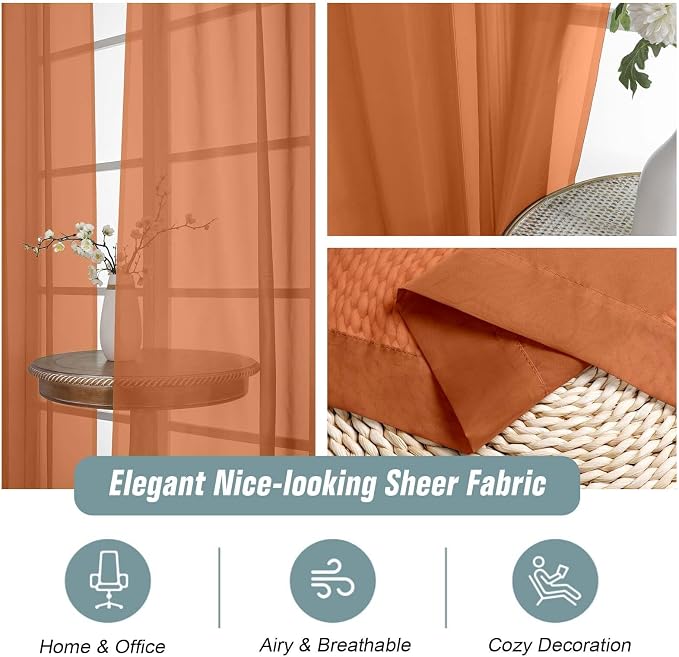 Orange Sheer Curtains 90 Inches Long 2 Panels, Light Filtering Solid Sheer - Image 4
