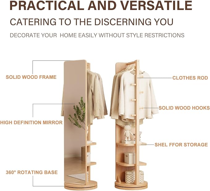 WoodsWhisper Full Length Mirror Coat Rack Solid Wood Floor Mirror 66"x12" Full - Image 7