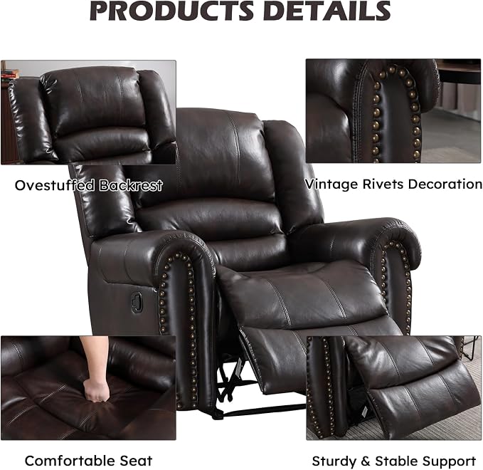 CANMOV Leather Recliner Chair, Classic and Traditional Manual Recliner Chair - Image 3