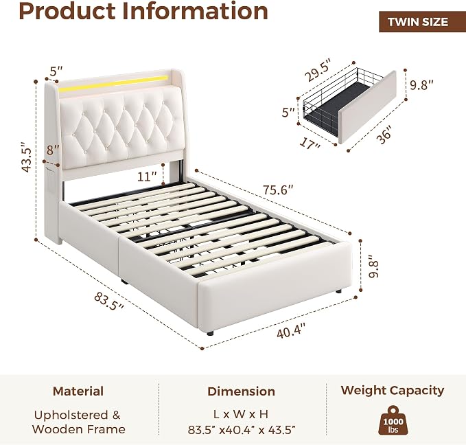 Twin LED Velvet Bed Frame with 2 Storage Drawers&Hidden Headboard, Upholstered - Image 2
