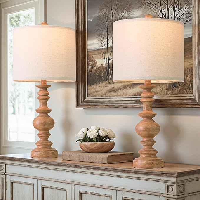 BOBOMOMO 24" Farmhouse Table Lamps Set of 2 – Rustic Light Brown Resin Bedside - Image 3