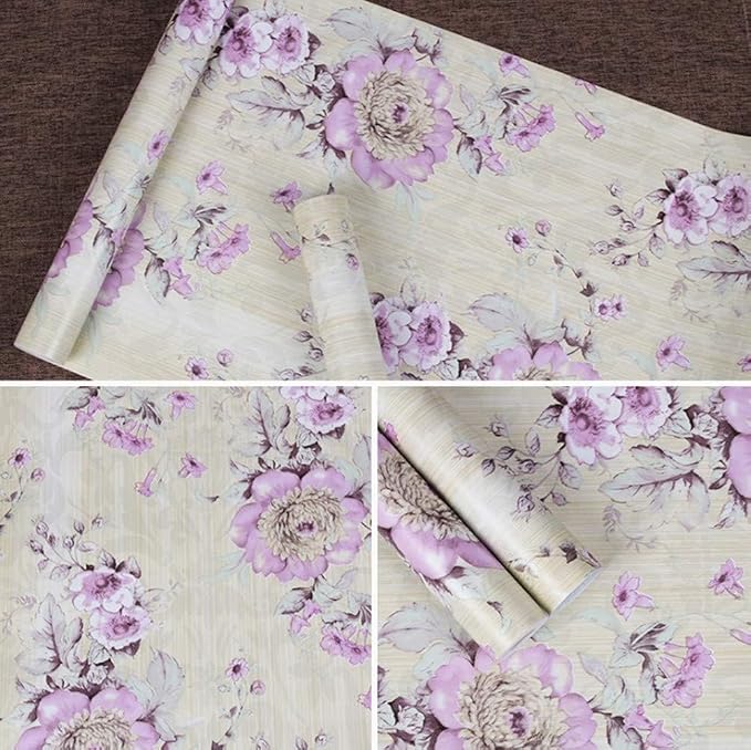 Retro Style Blooming Purple Flower Wallpaper Peel Stick Shelf Liner Funitures - Image 2