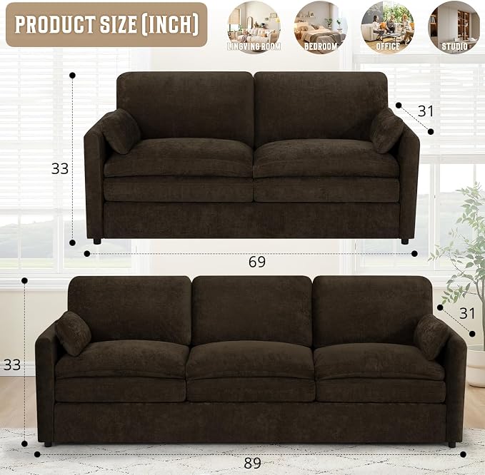 Comfy Chenille Sofa Set with Well-Filled Pillows, Modern 3 Seater and Loveseat - Image 3