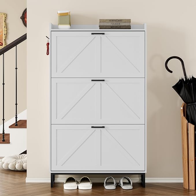 BORNOON Shoe Cabinet with 3 Flip Drawers Narrow Shoe Storage Cabinet Organizer - Image 4