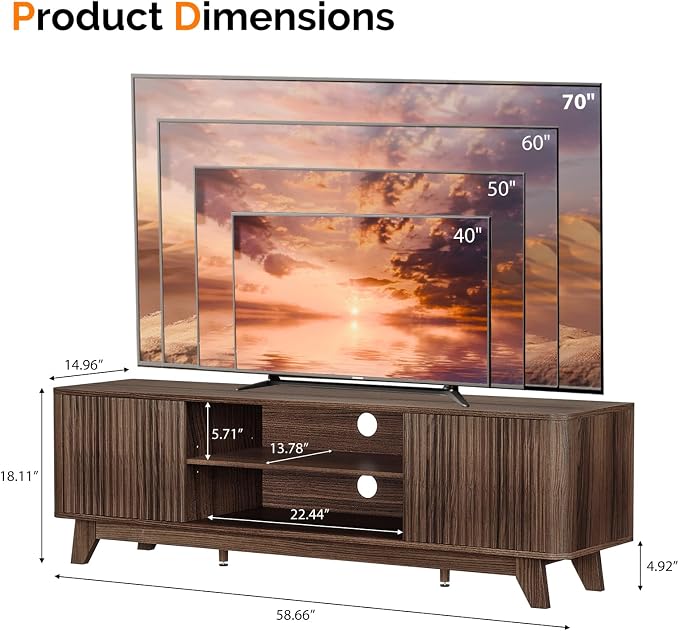 VINGLI 58.6" TV Stand up for 70 Inch TV, Mid Century Entertainment Center - Image 3