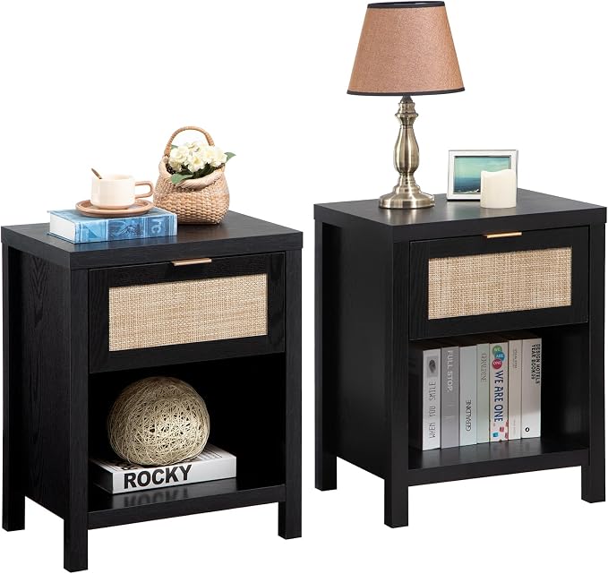 SICOTAS Rattan Night Stands Set of 2, Farmhouse Nightstand Bedside Table by SICOTAS