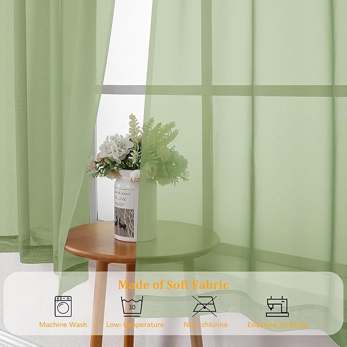 Gwine Light Green Sheer Curtain Tiers 24 Inch Length, Light Filtering Voile - Image 7