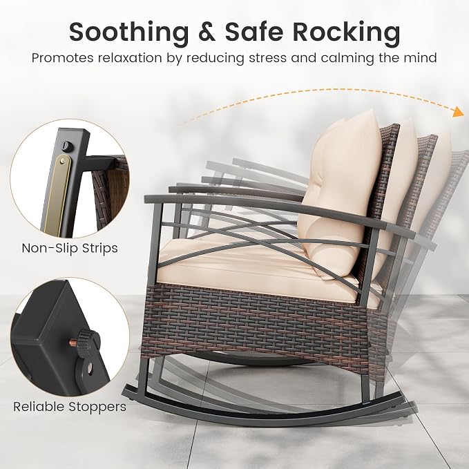 Tangkula 3 Pieces Outdoor Rocking Chairs Set, Rattan Heavy Duty Cushioned - Image 5