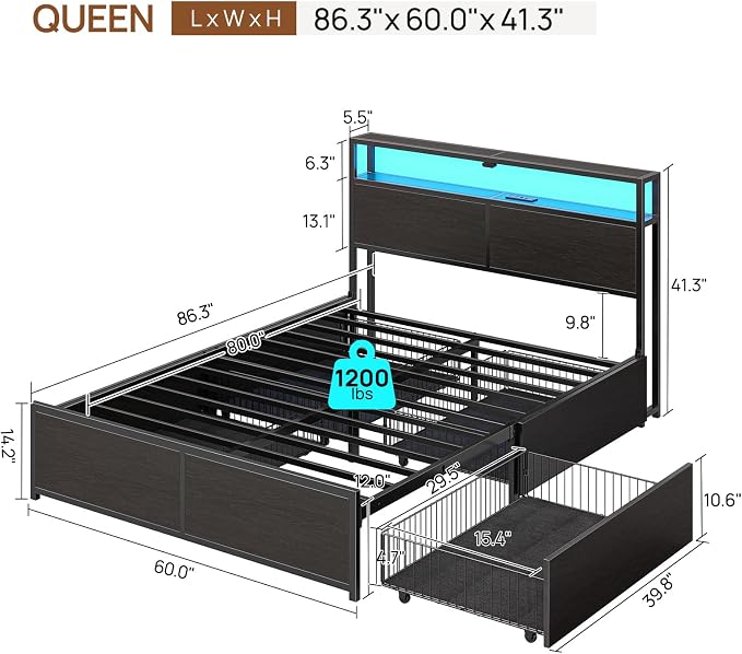 Rolanstar Queen Bed Frame with 4 Storage Drawers & 2-Tier Storage Headboard - Image 2