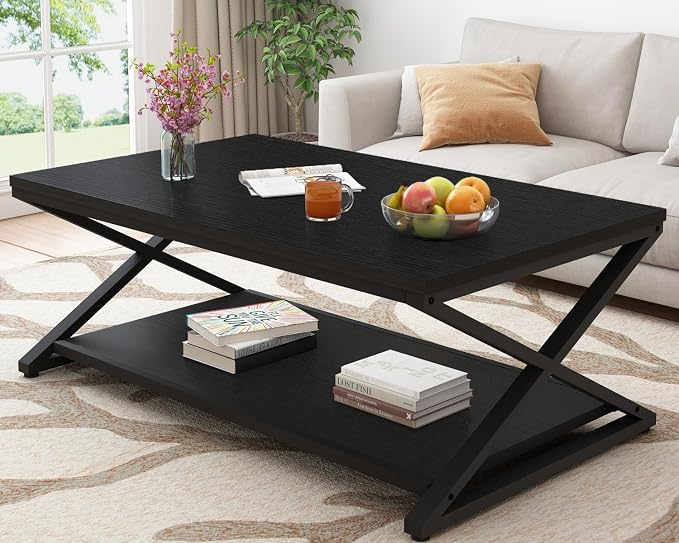 HSH Black Coffee Table Modern, 47 Inch Simple Rectangle Cocktail Table by HOMESWEETHOME