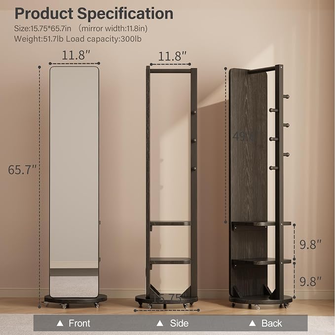 WoodsWhisper Full Length Mirror Coat Rack Solid Wood Floor Mirror 66"x12" Full - Image 2