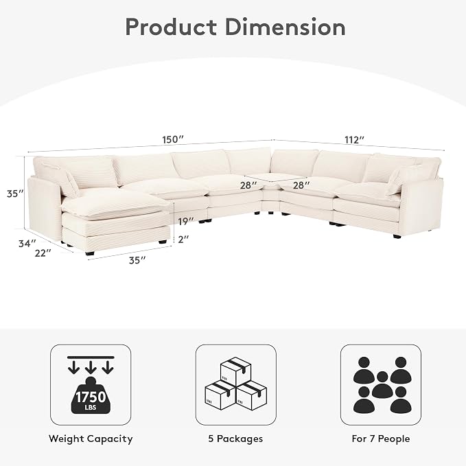 ROWHY 150'' Modular Sectional Cloud Couch, 7 Seater Corner Sofa Big Comfy - Image 2