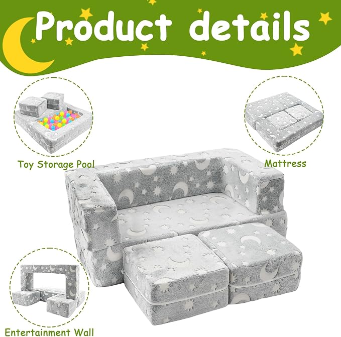Kids Couch, Dark Grey | Glow-in-The-Dark, Chair Seat, Playroom Furniture - Image 6