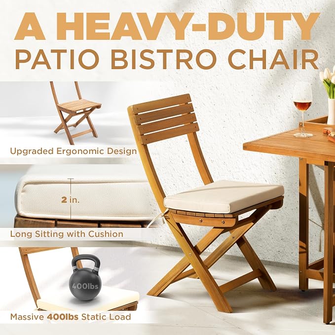 IDZO Natural 3-Piece Bistro Set: Foldable 400lbs Chairs, 220lbs Shelf Table - Image 2