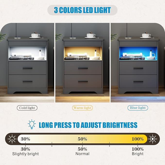 LED Night Stand with Gun Drawer, Bedside Table with Charger Station & Human - Image 3