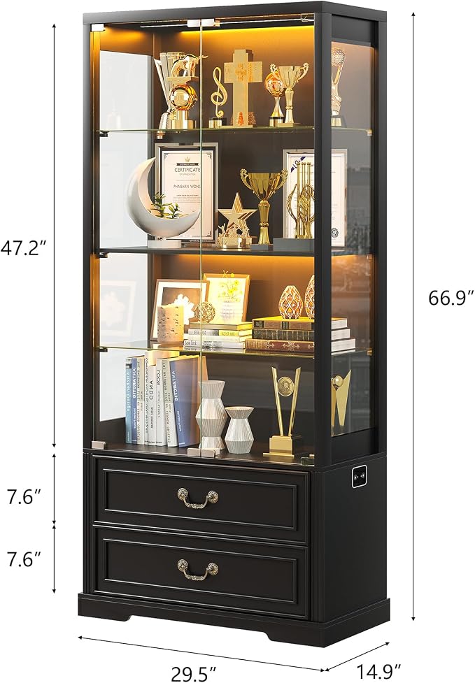 FREDEES Display Cabinet with Glass Doors, Tall Bookcase with 3 Color Lights and - Image 2