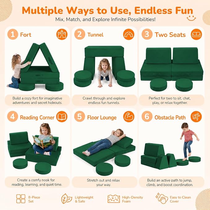 MeMoreCool Kids Play Couch, 8-Piece Modular Foam Sofa Fort Builder Set in - Image 5
