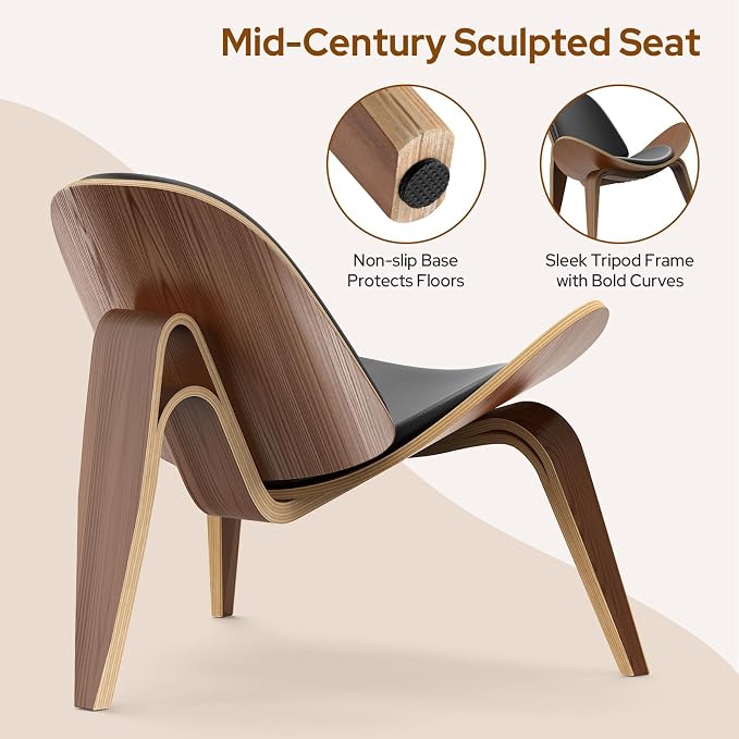 Modern Shell Lounge Accent Chairs, Faux Genuine Leather Mid Century Armless - Image 4