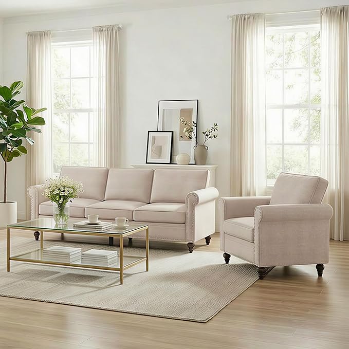 2 Piece Living Room Sofa Sets, Modern 3 Seater Sofa and Armchair Sets, Linen by RedefiningHomeComfort