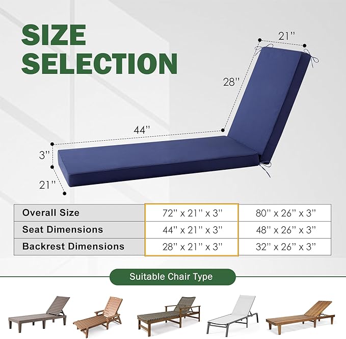 2 Pcs Chaise Lounge Cushions Outdoor, Outdoor Chaise Cushion - Image 2