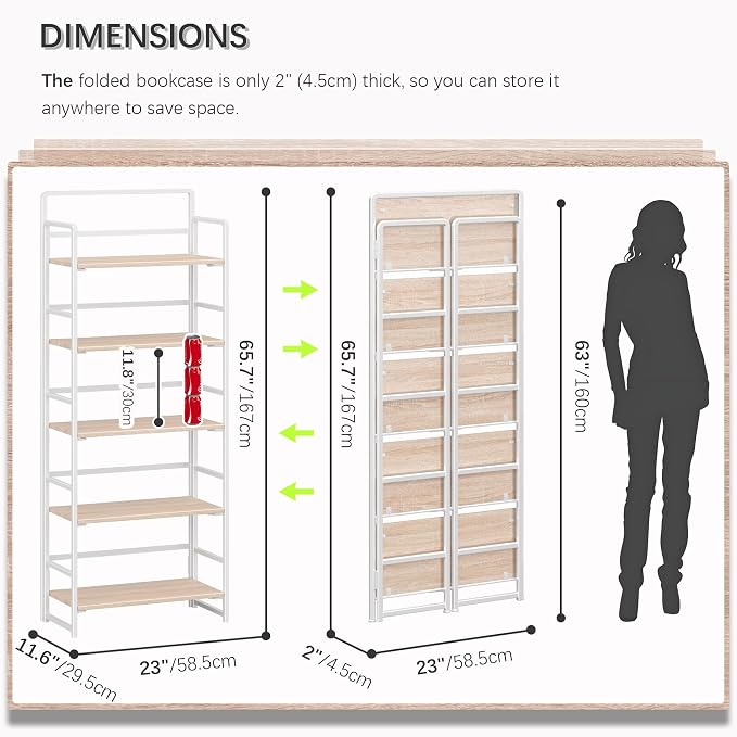 4NM No Assembly 5 Tiers Folding Bookshelf Storage Shelves Vintage Bookcase - Image 2