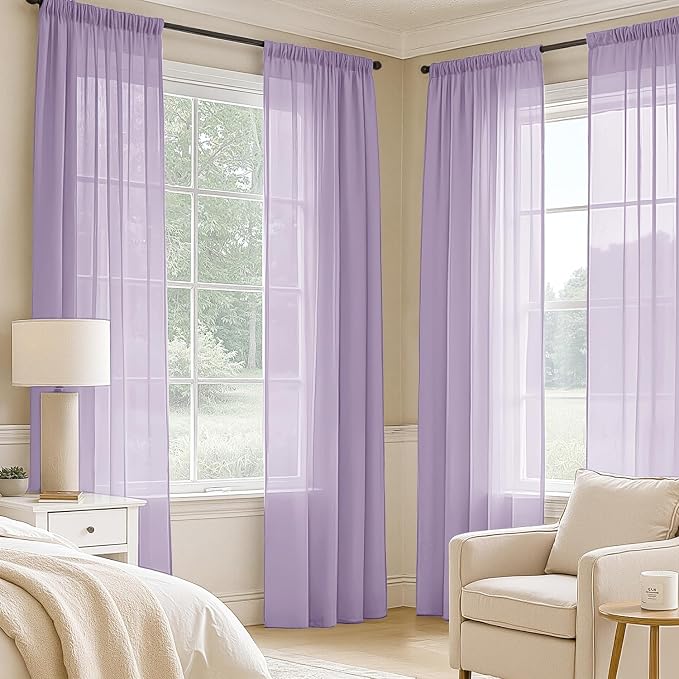 MIULEE Light Purple Sheer Curtains 90 Inches Long, 4 Panels Set, Lavender Light - Image 2