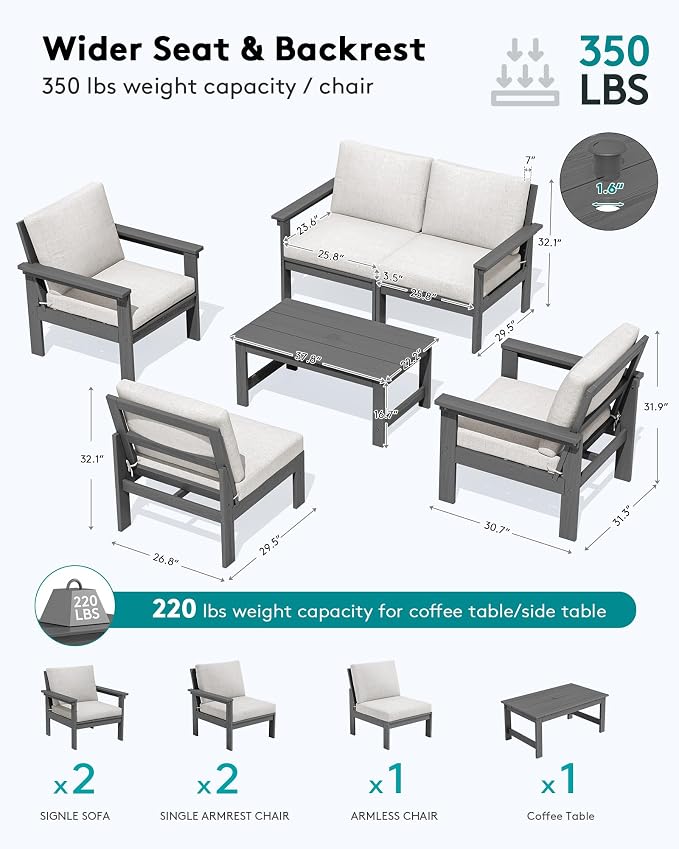 SERWALL HDPE Patio Conversation Set, 6-piece Sectional Outdoor Furniture Set - Image 2