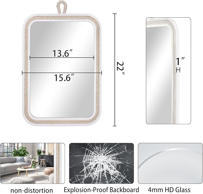 Nautical Rope Mirror Rectangle Wooden 22''Lx16''W White Decorative Mirror - Image 3