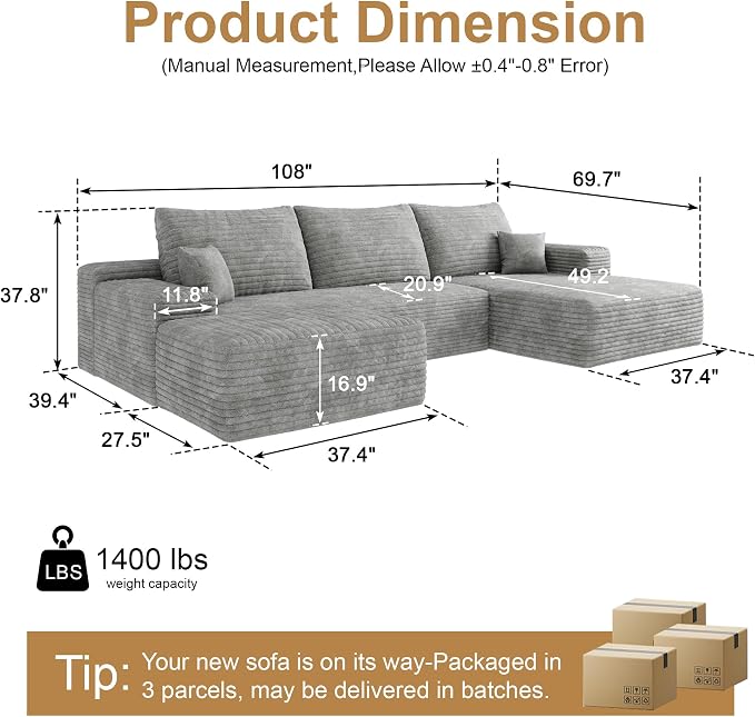 108" Sectional Couches for Living Room Cloud Couch Sofa - Image 2